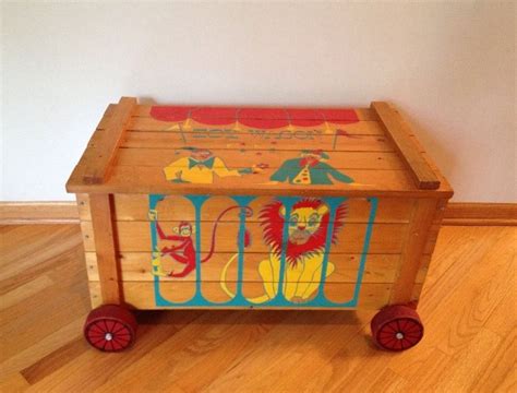 Vintage Large Wooden Toy Box Toy Wagon On Wheels Circus Train Monkey