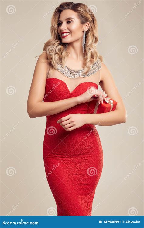 Gorgeous Elegant Blonde Woman Wearing Fashion Red Dress Stock Image