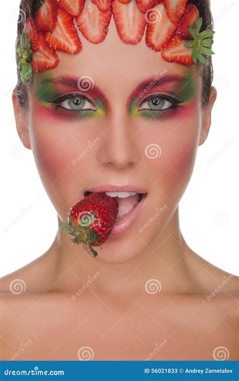 Beautiful Woman Strawberries On Face And Teeth Stock Image Image Of Beauty Makeup 56021833