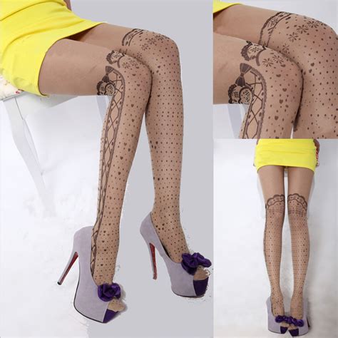 Sexy Lady Women Tattoo Pattern Side Flower Sheer Pantyhose Tights