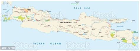Vector Road And National Park Map Of The Indonesian Island Java Stock