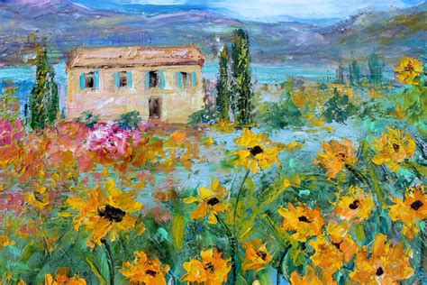 French Countryside Sunflowers Painting In Oil Landscape Palette Knife
