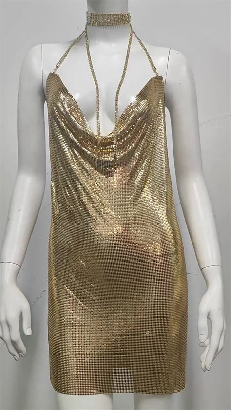 Women Sexy Shiny Backless Metallic Plunge Cowl Slit Dress High Double