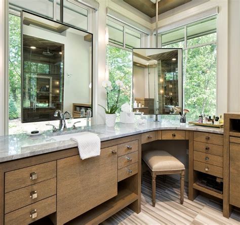 Top tips on furniture buying and care. Bathroom with corner vanity and mirror in front of window ...