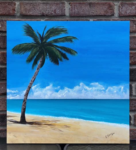 Palm Tree On Beach Painting Hand Painted Ready To Hang Etsy Large