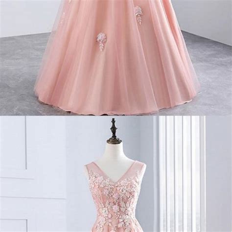 Pink Applique Long Prom Dresses V Neck A Line Evening Dresses Ball