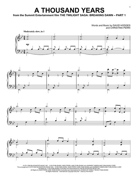 A Thousand Years Sheet Music Christina Perri Piano Solo