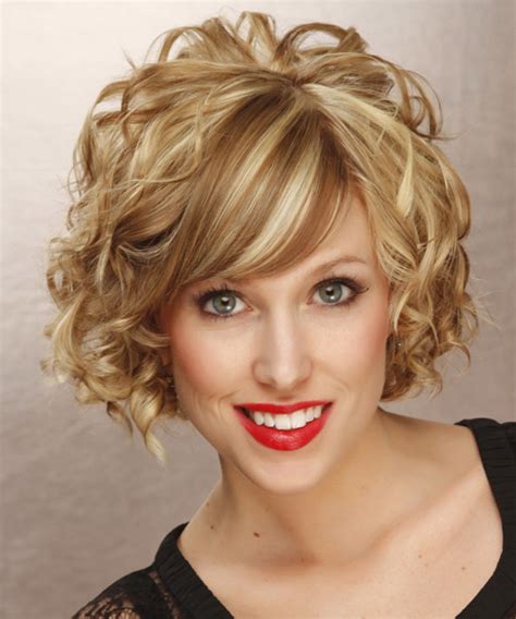 short curly formal hairstyle dark golden blonde hair color with light blonde highlights
