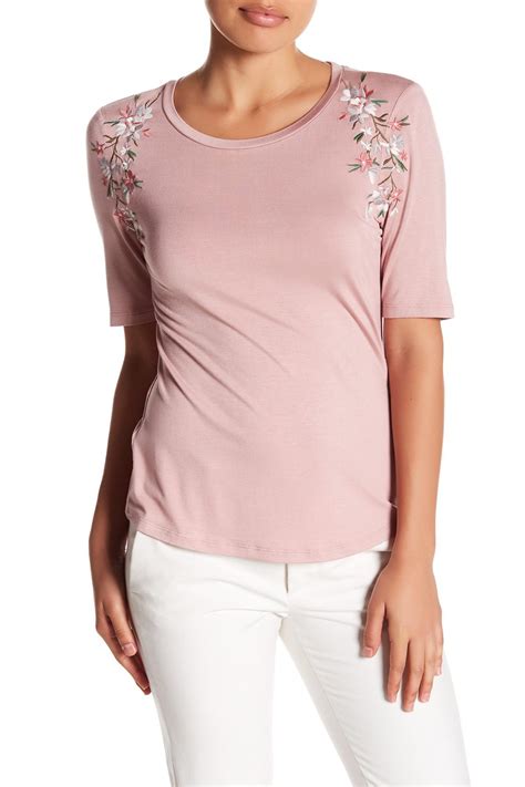 Lyst Cable And Gauge Elbow Length Sleeve Embroidered Tee Petite In Pink