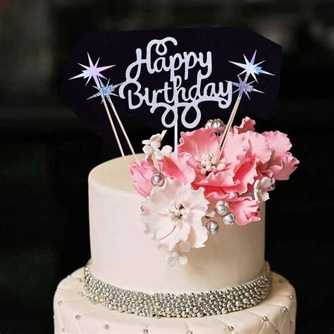 Yuinyo Silver Glitter Happy Birthday Cake Topper Rhinestone