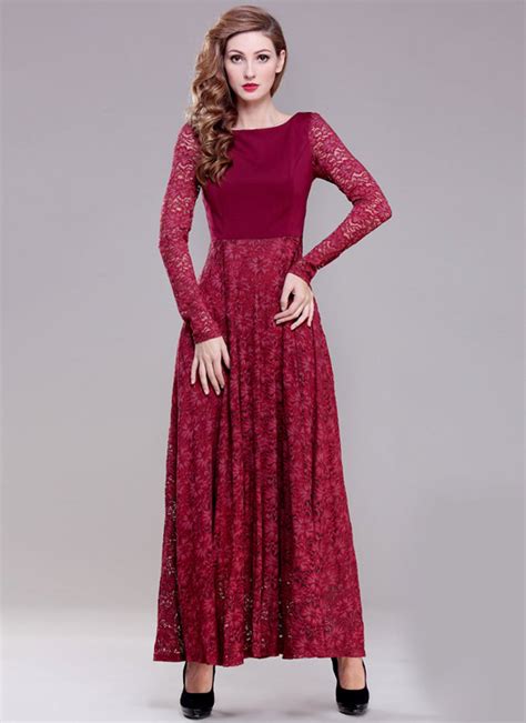 Long Sleeve Maroon Lace Maxi Dress With Scoop Back Rm396