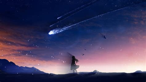 Wallpaper Anime Girls Shooting Stars Birds Landscape Nature Sky
