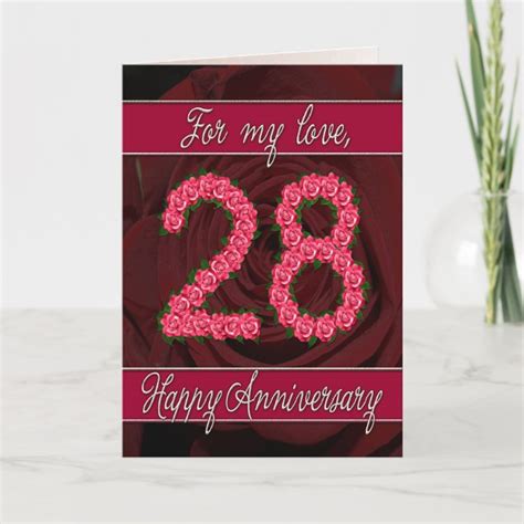 28th Anniversary Card With Roses And Leaves