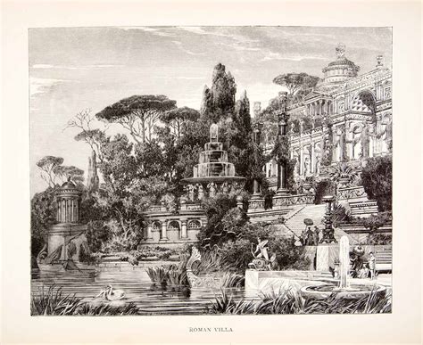 1886 Wood Engraving Photoxylograph Roman Villa Italy Ancient Garden
