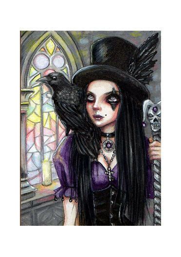 Original Aceo Gothic Girl Raven Fairy Fantasy Art Mini Painting Signed