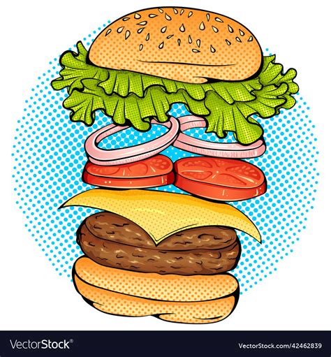 Burger With Flying Ingredients Pop Art Style Vector Image
