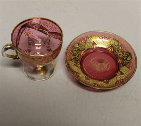 Antique Moser Signed Art Glass Cranberry Cup And Saucer With Gold Highlights Ebay