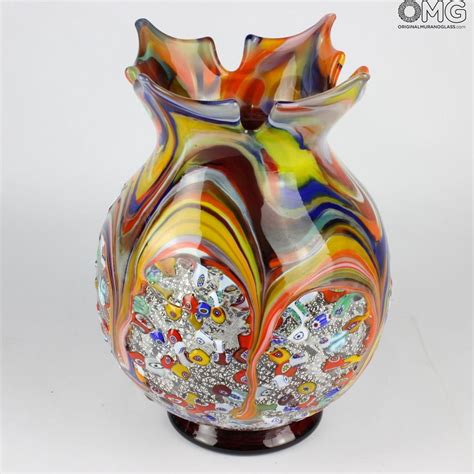 Murano Vase Made With The Technique Of Glass Blowing With Silver And