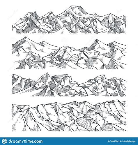 Mountains And Rocks Landscape Vector Sketch Illustration Hand Drawn