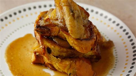 rum raisin french toast with maple bananas foster and ham steak