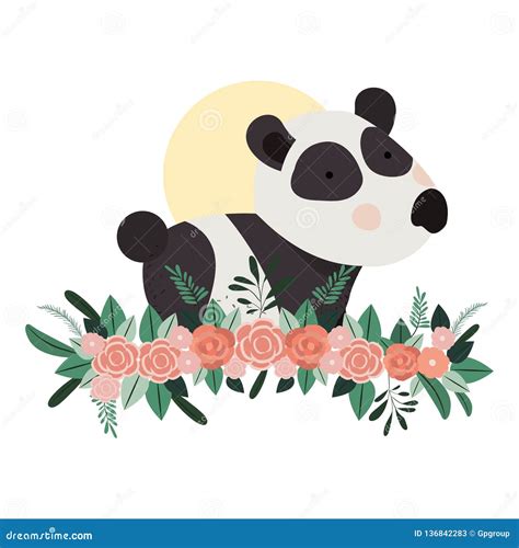 Cute And Adorable Panda With Floral Decoration Stock Vector