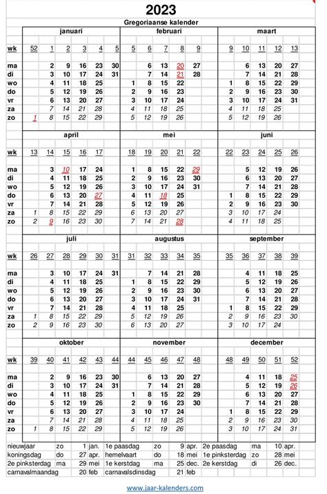 2023 Kalender Jaarkalender Met Weeknummers En Maanden Feestdagen