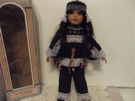 Vtg Cathay Collection Porcelain Native American Indian Doll 16 Dressed Black 2500 Picclick