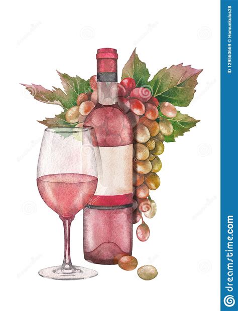 Watercolor Glass Of Rose Wine Bottle And Bunch Of White And Red Grapes