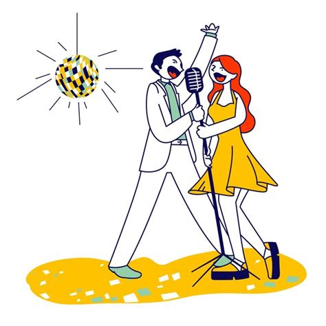 Premium Vector Cheerful Couple Singing Song With Microphones In