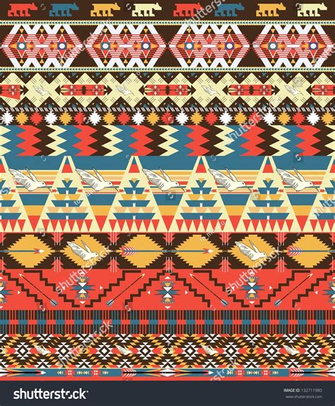 Seamless Colorful Aztec Pattern With Birds Flowers And Arrow Stock