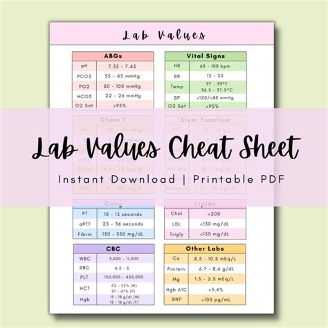 Lab Values Cheat Sheet Printable Etsy