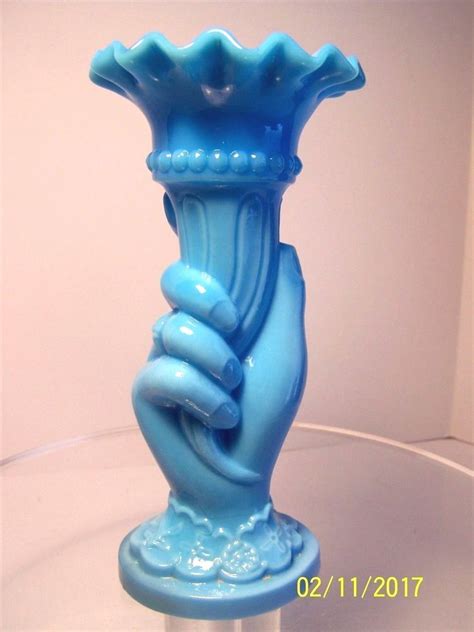 Antique Blue Milk Glass Vallerysthal Portieux Hand With Horn Vase