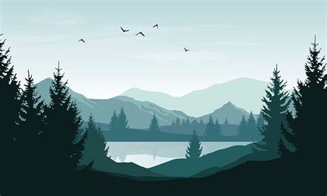 Vector Landscape With Blue Silhouettes Of Mountains Hills And Forest