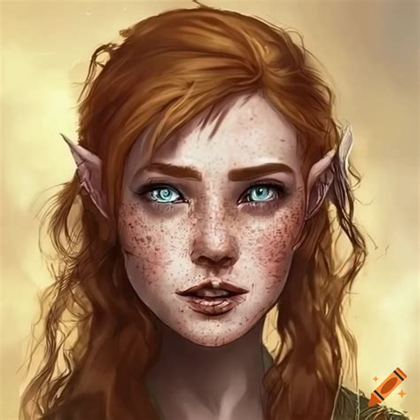 Portrait Of A Freckled Half Elf Hobbit Woman On Craiyon