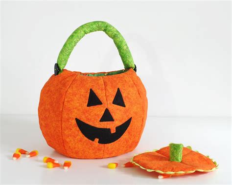 Quilted Pumpkin Trick Or Treat Bag Medium Orange Scroll Fabric