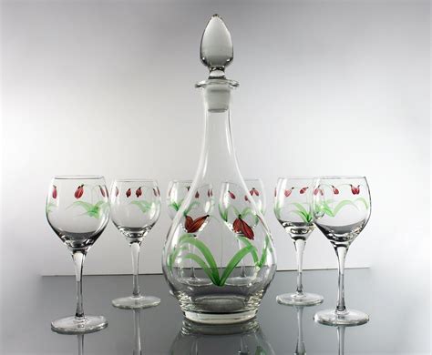 Tall Floral Decanter Set Six Wine Glasses Hand Painted Original Stopper 15 Inch Clear Glass