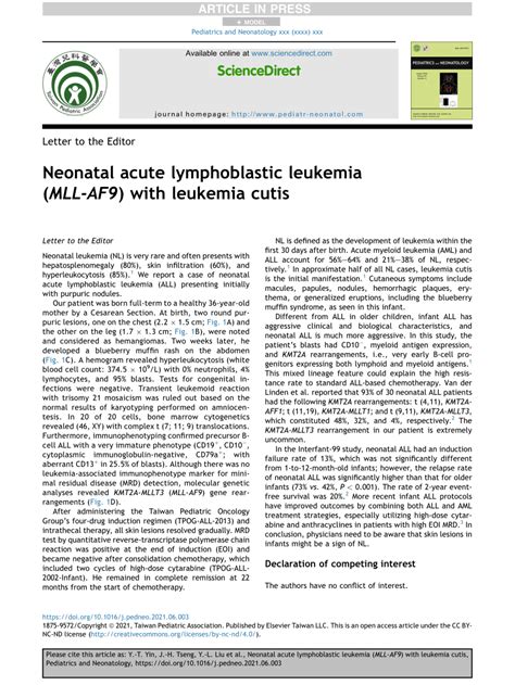 Pdf Neonatal Acute Lymphoblastic Leukemia Mll Af9 With Leukemia Cutis
