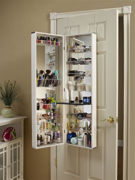 Cosmetic White Door Cosmetic Organizer Mirrored Armoire Make Up Storage