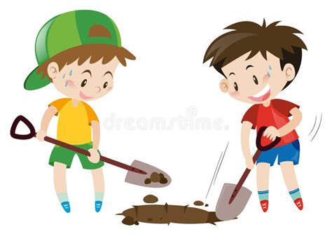 Two Boys Digging Hole With Shovels Stock Vector Illustration Of Youth