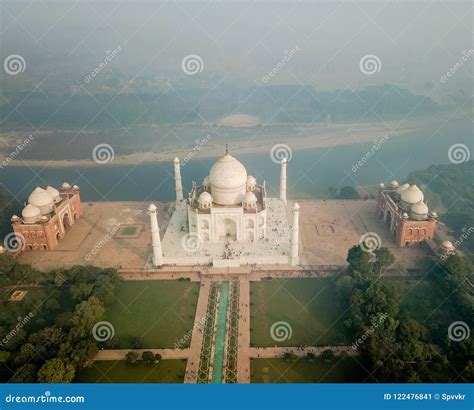 Aerial View Of Taj Mahal In Agra India Covered With Morning Fog Stock