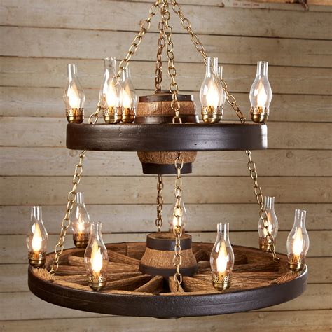 Bubbles of light balance on and balloon 4th from trumpets of cast metal. Double Wagon Wheel Chandelier