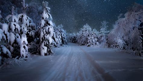 Snowy Winter Road On A Starry Night Image Abyss