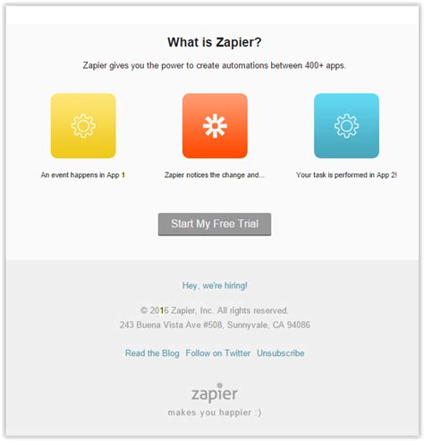 @zapier uses the footer in its emails to create awareness about what they do and suggest a next ...
