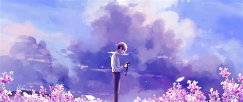 2560x1080 Animeguy Animemanga Clouds Digital Flowers