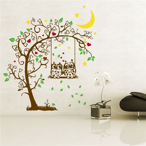 Blätter, bäume und andere pflanzenmotive. Wandtattoo Baum Eulen auf Schaukel mit Herzen, Sternen und ...