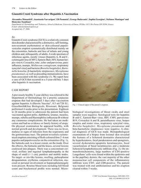Pdf Gianotti Crosti Syndrome After Hepatitis A Vaccination