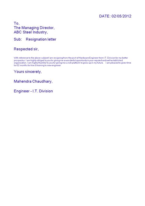 Resignation Letter Format For Engineer Templates At