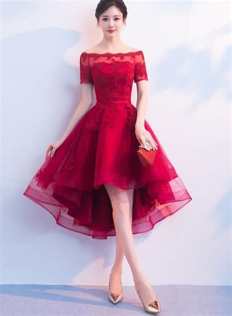 Dark Red High Low Tulle Party Dress 2019 Tulle Formal Dress With Lace
