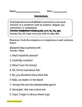 Interjections Worksheet by Advanced Education | TpT