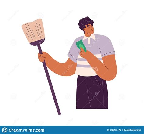 Low Wages Concept. Poor Janitor For Little Money, Bad Salary. Upset Sad